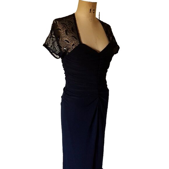 Joseph Ribkoff formal maxi gown cocktail dress, rouched, lace fitted, black M - Picture 11 of 12